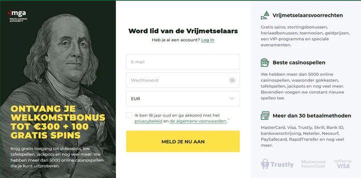 Registratieformulier van Mason Slots Casino met een welkomstbonus tot €300 en 100 gratis spins, meer dan 5000 casinospellen en ruim 30 betaalmethoden